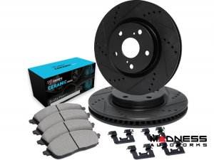 Alfa Romeo Stelvio Brake Kit - 2.0L - Front - R1 Concepts - Ceramic Brake Pads - eLINE Black Drilled + Slotted Rotors
